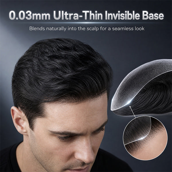 Toupee Real Human Hair Pieces for Men 0.03mm UltraThin Skin Invisible All Mens Hair System Men's WigReplacement r for Hair Loss Natural Hairline mens HairProsthesis Protesis Capilar Hombre #1color wigs lightbeige tone v-looped hairpiece
