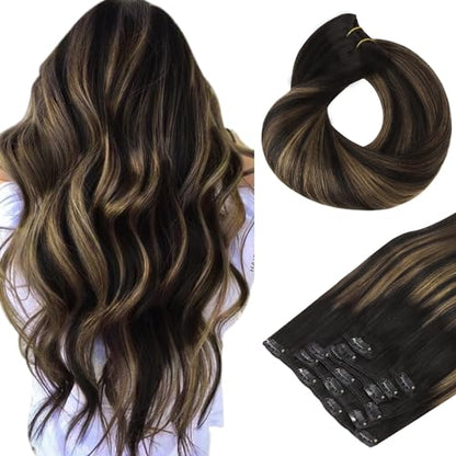 Clip in Hair Extensions Real Human Hair, Remy Human Hair Extensions Clip ins for Women, Natural Human Hair, 20inch 120g 7Pcs, 1B Natural black（副本）