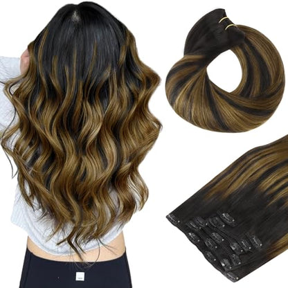 Clip in Hair Extensions Real Human Hair, Remy Human Hair Extensions Clip ins for Women, Natural Human Hair, 20inch 120g 7Pcs, 1B Natural black（副本）