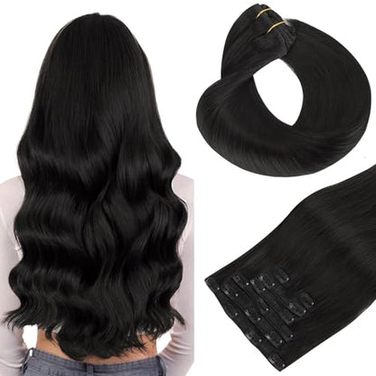 Clip in Hair Extensions Real Human Hair, Remy Human Hair Extensions Clip ins for Women, Natural Human Hair, 20inch 120g 7Pcs, 1B Natural black（副本）