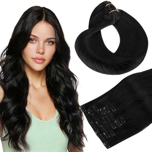 Clip in Hair Extensions Real Human Hair, Remy Human Hair Extensions Clip ins for Women, Natural Human Hair, 20inch 120g 7Pcs, 1B Natural black（副本）